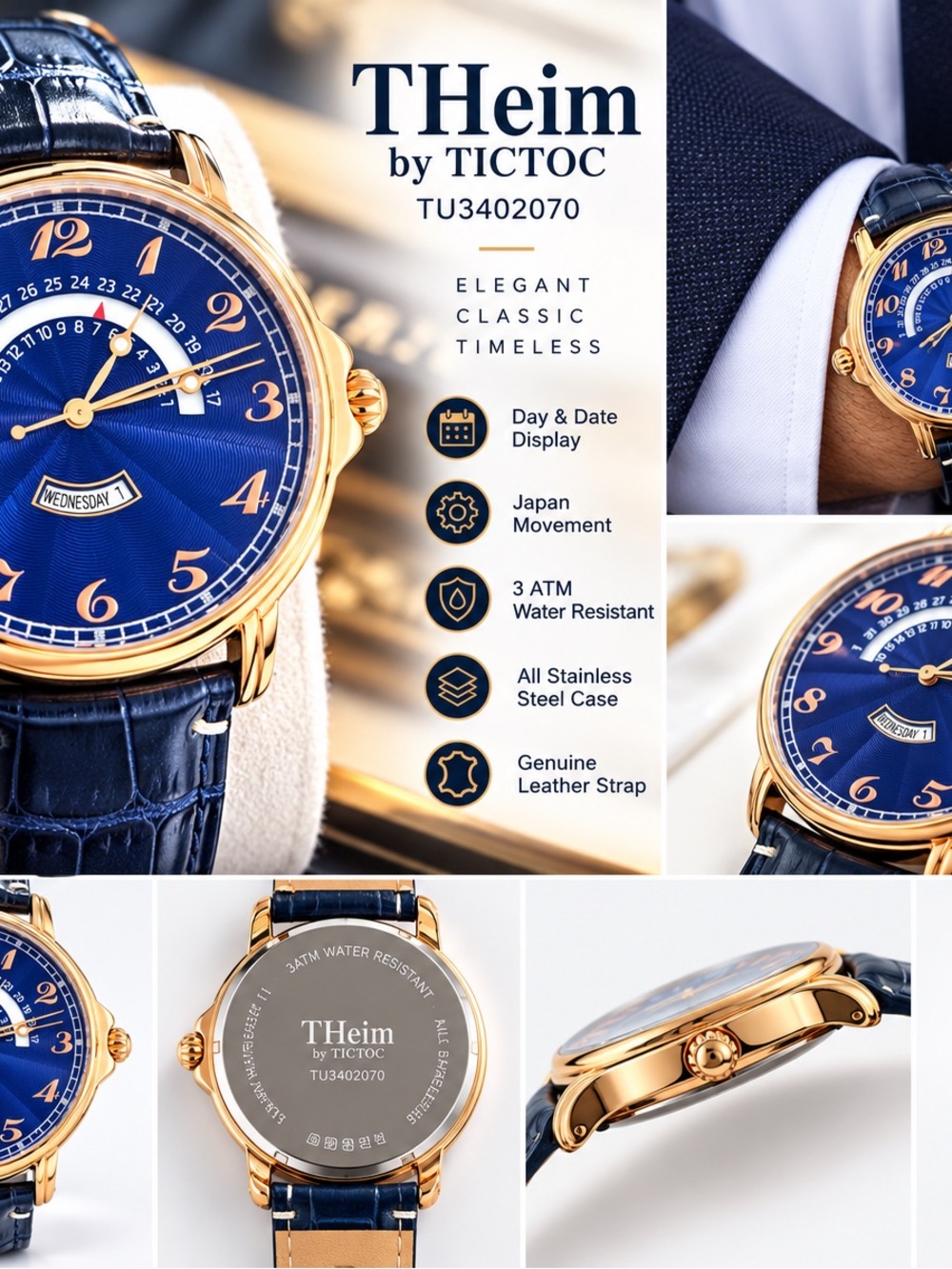 THeim by TU3402070 Men's Blue Leather Dress Watch - Gold Case